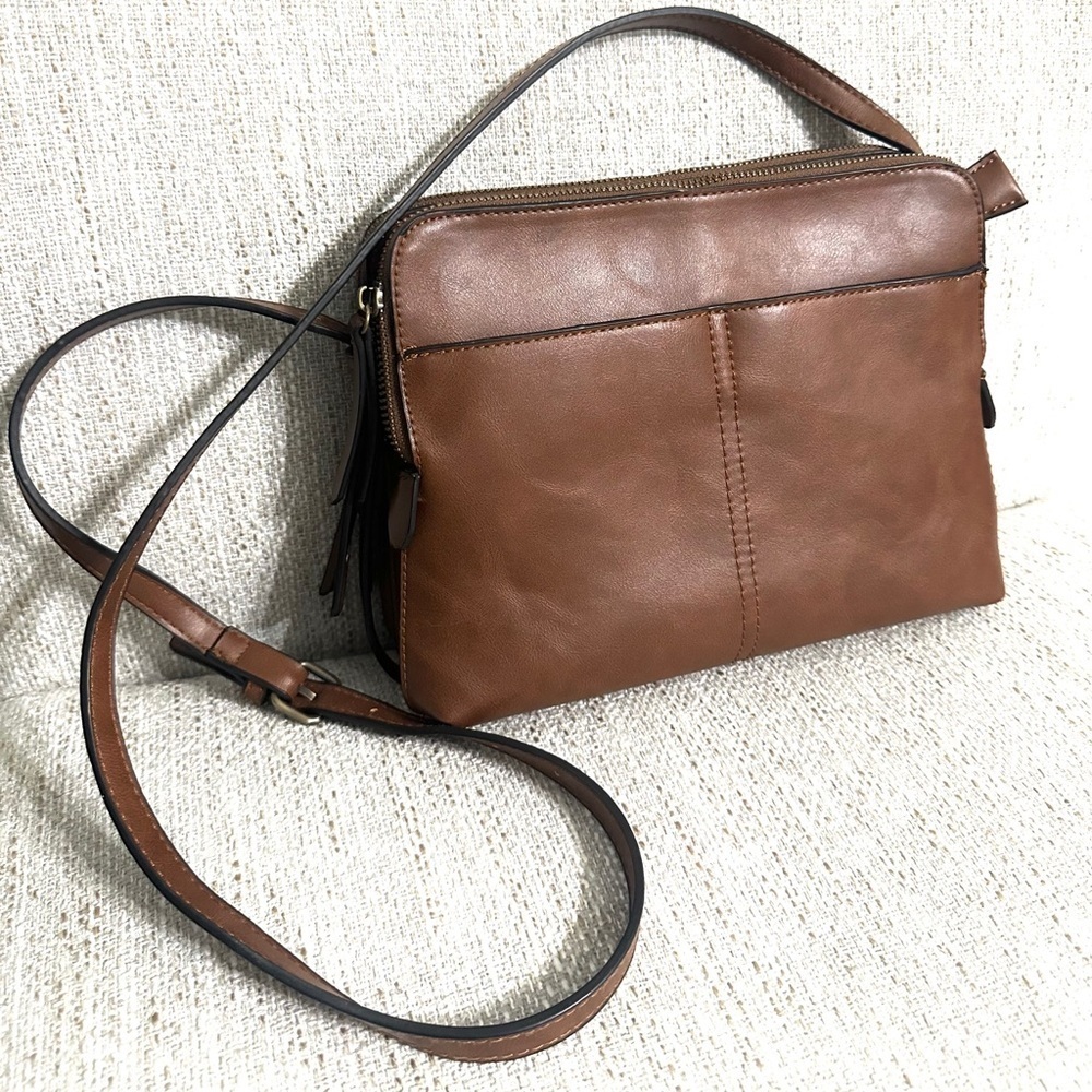 Brown soft faux Leather Crossbody Bag. Small but super roomy.